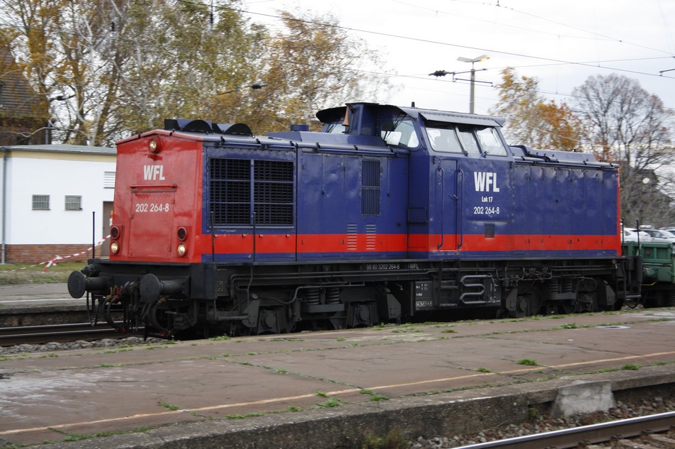 BR 202 264-8 der WFL durchfhrt mit einem kurzen Gterzug am 04.11.2010 den Bhf. Grokorbetha.