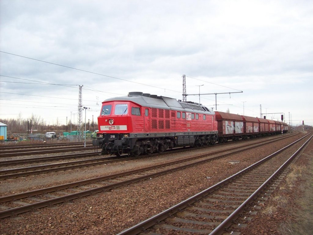 BR 232 690 als MEG 318 f�hrt mit ihrem Leeren Kohlependel aus Dessau / Rosslau in Profen ein 26.02.2010