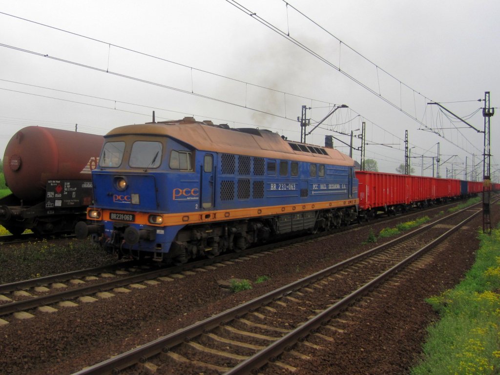 BR231-063 fhrt mit einem Gterzug (die roten DB Wagen) am 14.05.2010 durch Ponętw in Richtung Zduńska Wola.