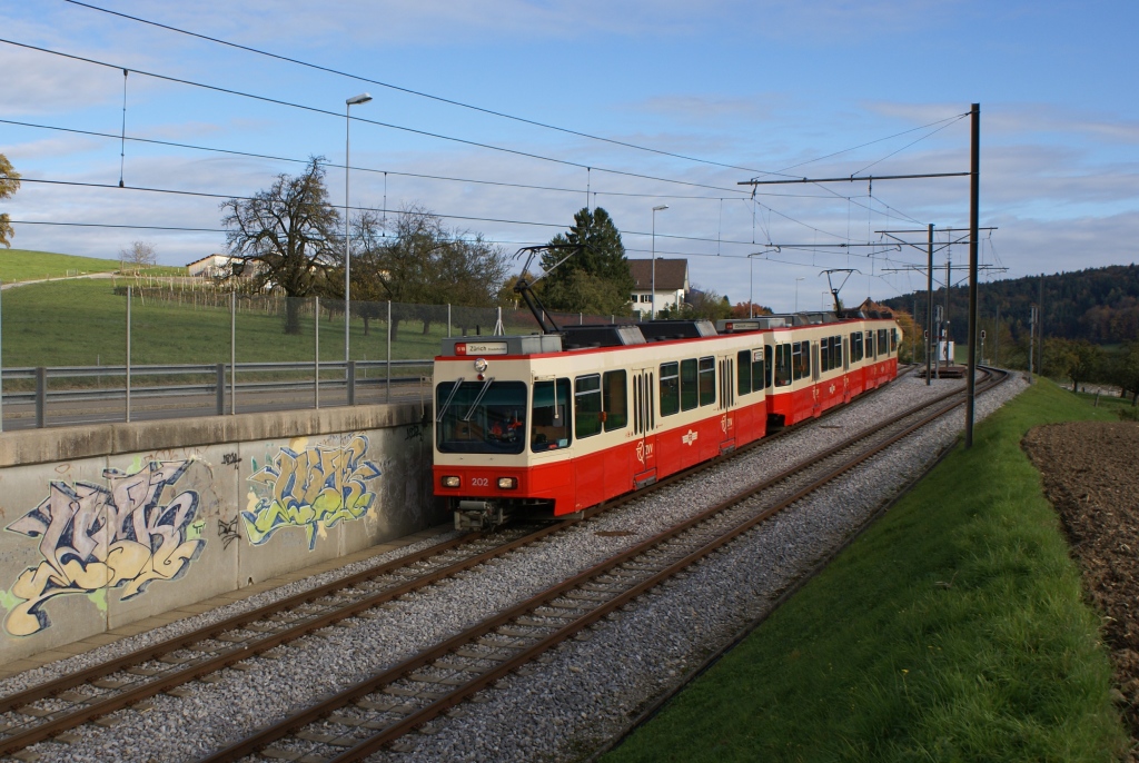 Bt 202 taucht am 28.10.10 gemeinsam mit dem Be 8/8 31/32 in den Tunnel zwischen Neue Forch und Waltikon ein.