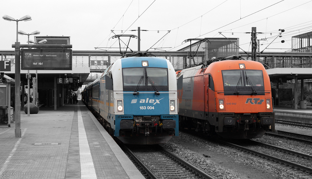 Buntes Treffen zweier Siemens-Schwestern: 183 004 ist mit ihrem alex-Zug aus M�nchen Hbf angekommen und wird gleich mit ein paar Wagen in die Abstellung fahren, vorher wird sie allerdings noch von 1216 902 des Unternehmens RTS mit einem Kesselwagenzug �berholt (Regensburg Hbf, 30.05.2013)