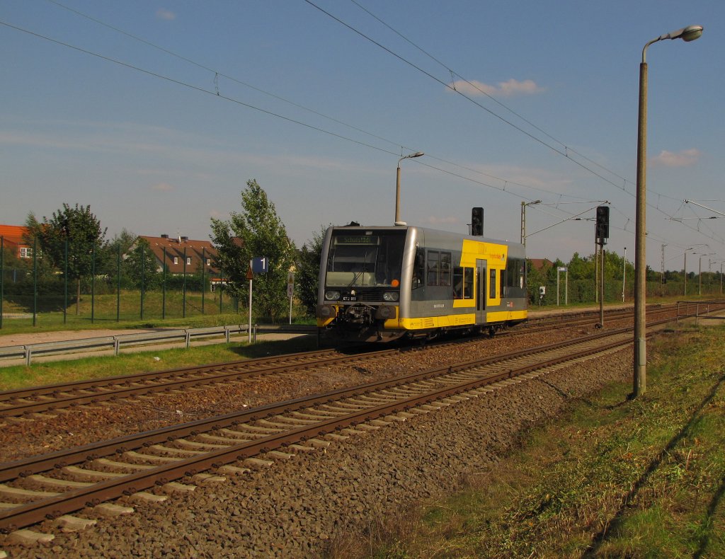 Burgenlandbahn 672 911 (672 911-5 D-DB) als RB 25920 von Merseburg nach Schafstdt, am Hp Merseburg Elisabethhhe; 07.09.2010