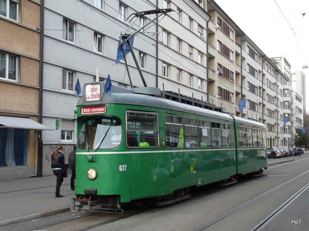 BVB - Be 4/6 637 als Fahrschule unterwegs in der Stadt Basel am 19.03.2010