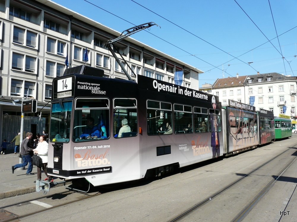 BVB - Be 4/8 671 mit werbung und mit Anhnger unterwegs auf der Linie 14 am 19.03.2010
