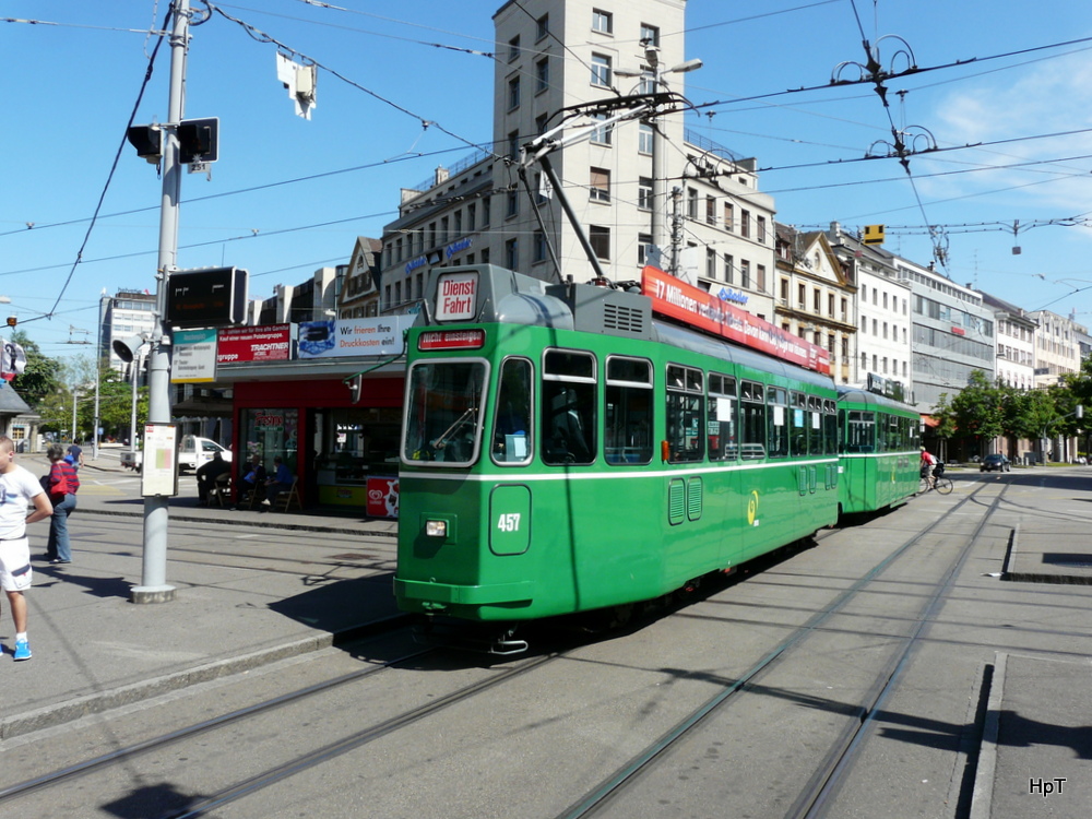 BVB - Tram Be 4/4 457 unterwegs als Dienstfahrt in der Stadt Basel am 25.05.2012