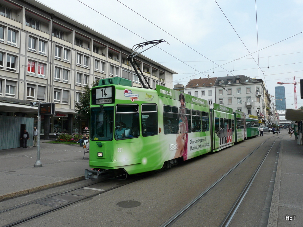 BVB - Tram Be 4/8  661 unterwegs auf der Linie 14 in der Stadt Basel am 04.09.2012