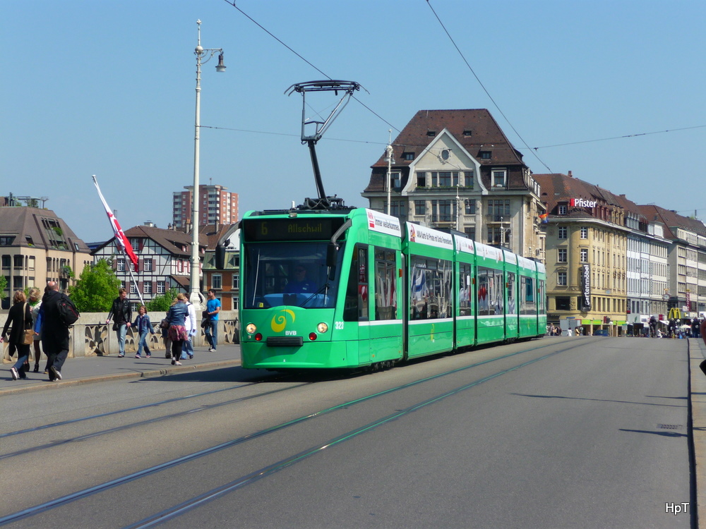 BVB - Tram Be 6/8 323 unterwegs auf der Linie 6 in der Stadt Basel am 16.04.2011


