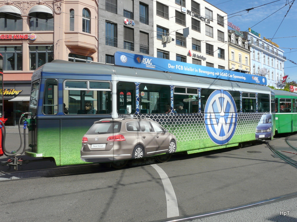 BVB - Trambeiwagen mit Werbung B 1480 unterwegs in Basel am 04.05.2012