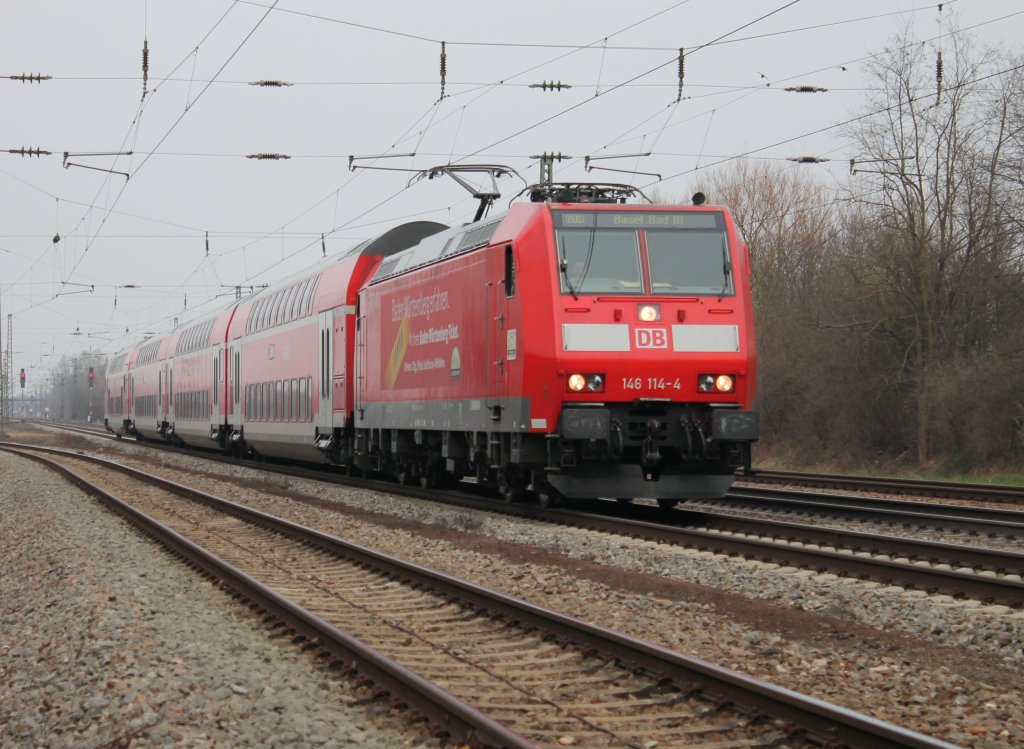 Ca. 1 Stunde spter kam dann wieder 146 114-4 als RE nach Basel Bad Bf an mir vorbei. Hier kurz vor der Einfahrt in den Bahnhof von Orschweier. (29.03.2013)