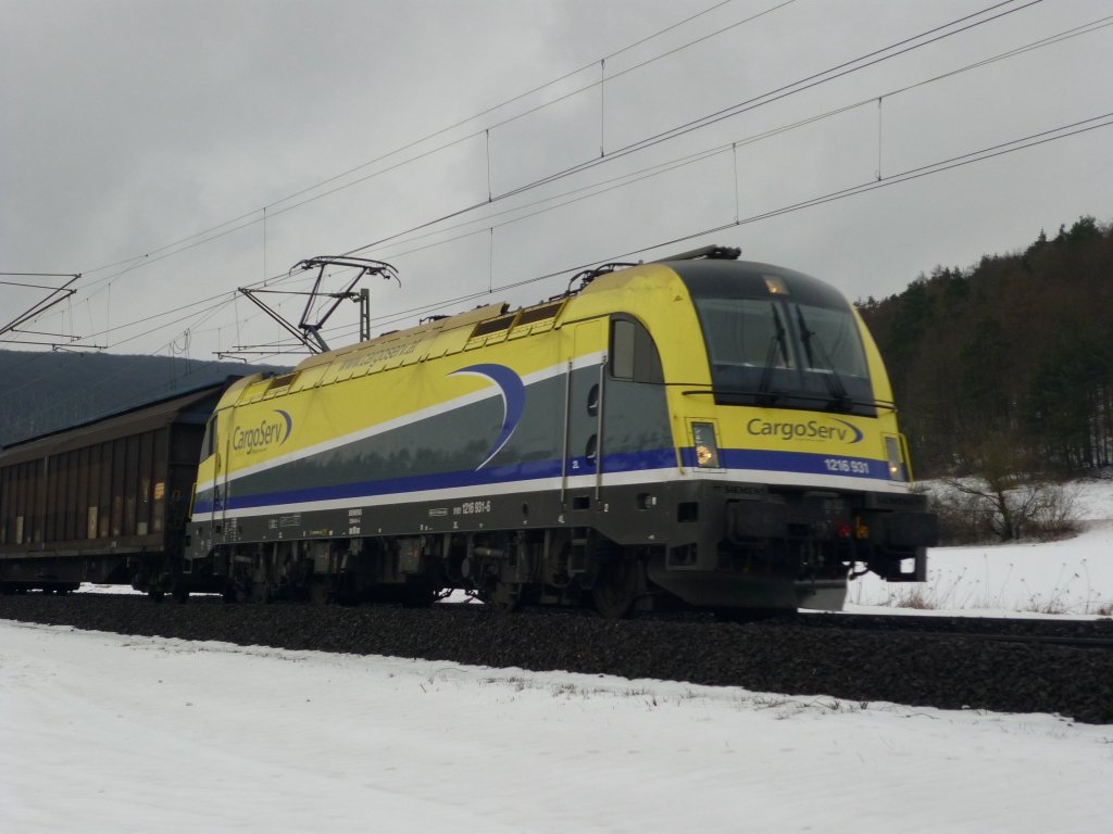Cargo Serv 1216 931 mit Gz, zwischen Gemnden (Main) und Karlstadt (Main), am 03.02.2010