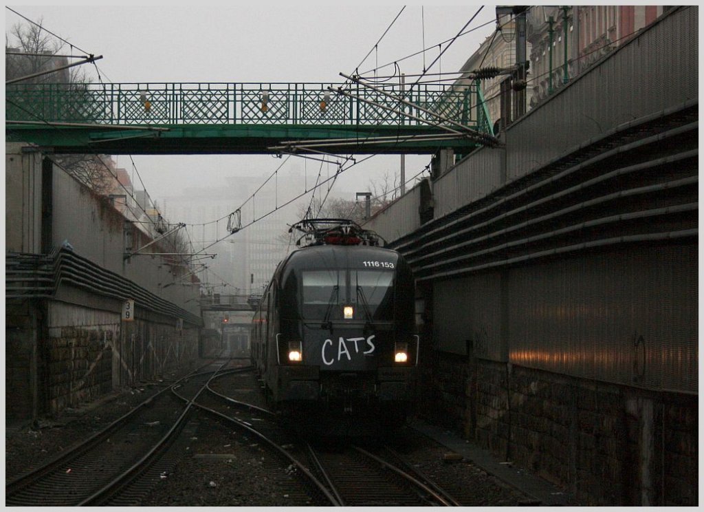  Cats  1116 153 am 30. November 2011 im Einsatz auf der Wiener S-Bahn Stammstrecke, kurz vor der Einfahrt in Wien Rennweg. 