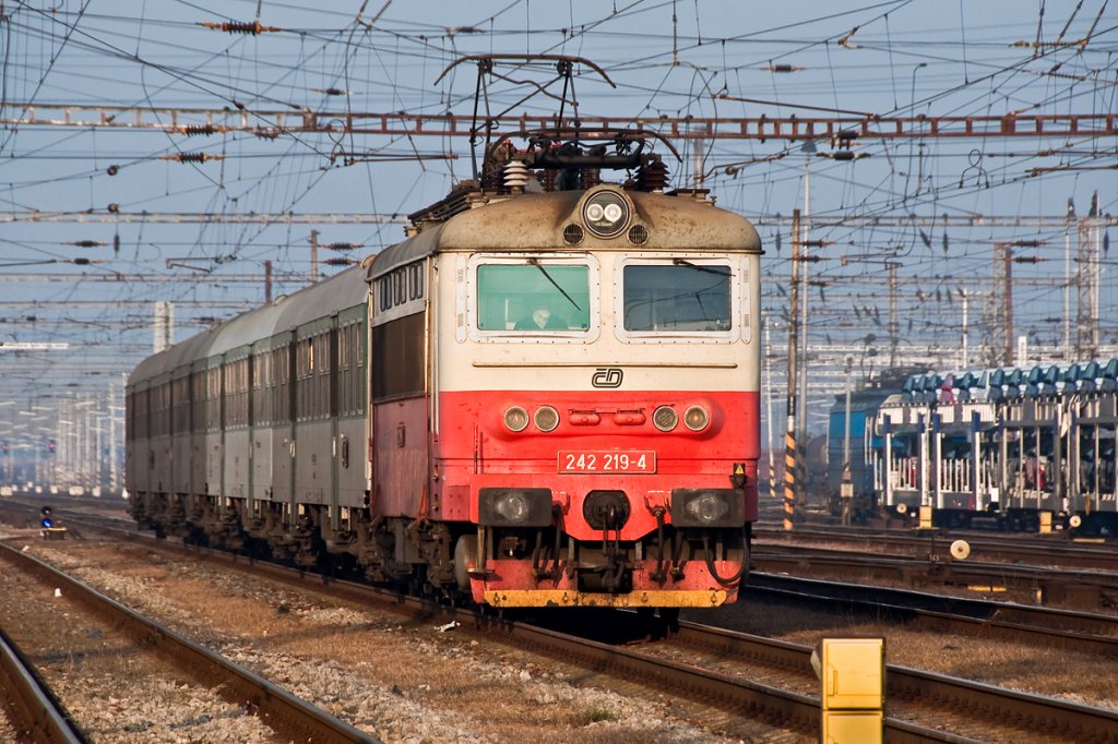 CD 242 219 ist mit dem Os 4619 von Tisnov nach Breclav unterwegs. Die Aufnahme entstand am 14.011.2011 kurz vor dem Endbahnhof.