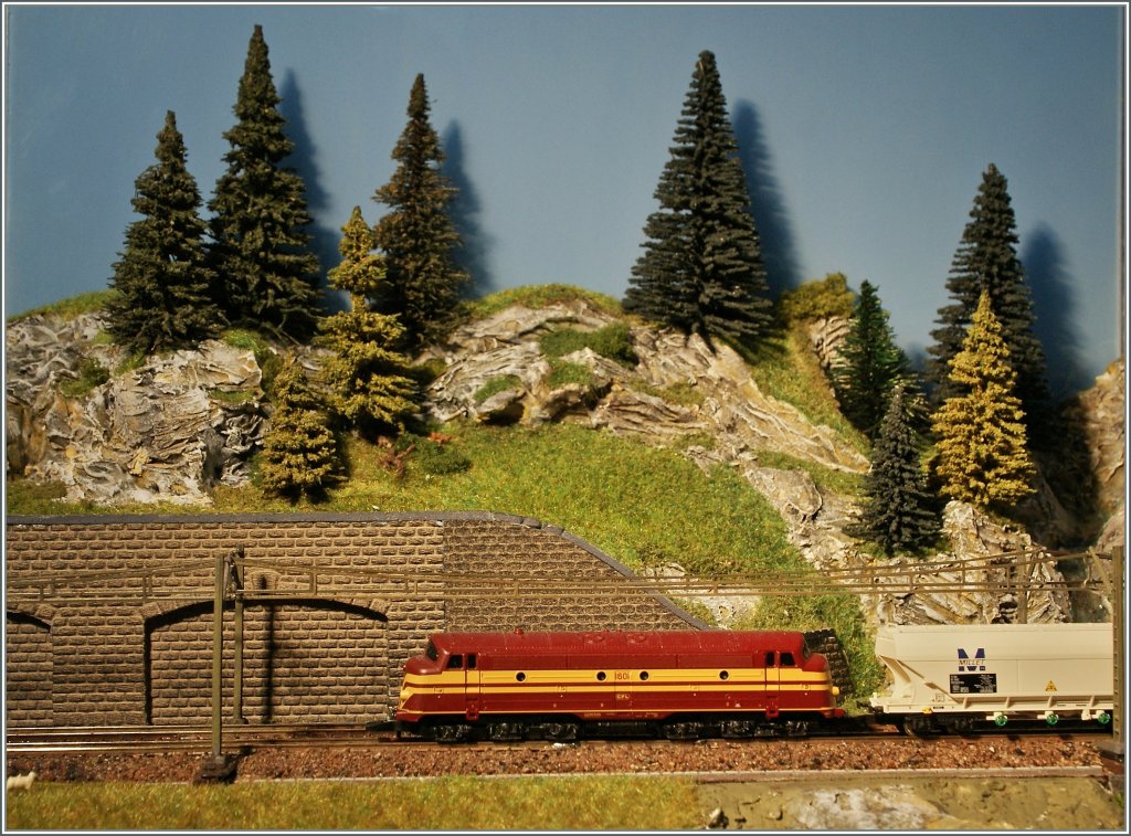 CFL 1601 mit einem Getreidezug unterwegs auf meiner mini-club  Z -Anlage. 
11. Juni 2011