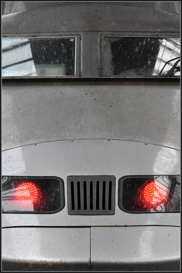 Chipsschlitze oder doch eher Kanaldeckel? - 

Das Gesicht des Orginal-TGVs, fotografiert im Gare de Lyon in Paris. 

21.07.2012 (J)