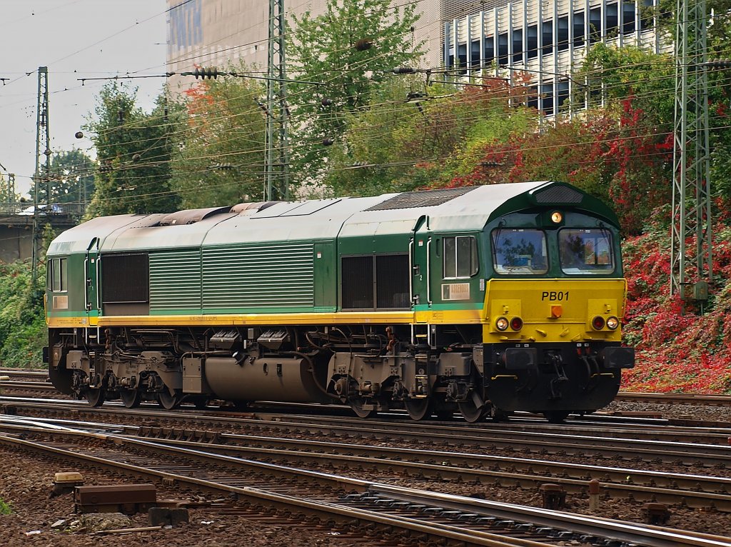 Class 66 PB01 von Ascendos Rail Leasing Sarl fhrt von Belgien kommend am 06.10.2010 in Aachen West ein.