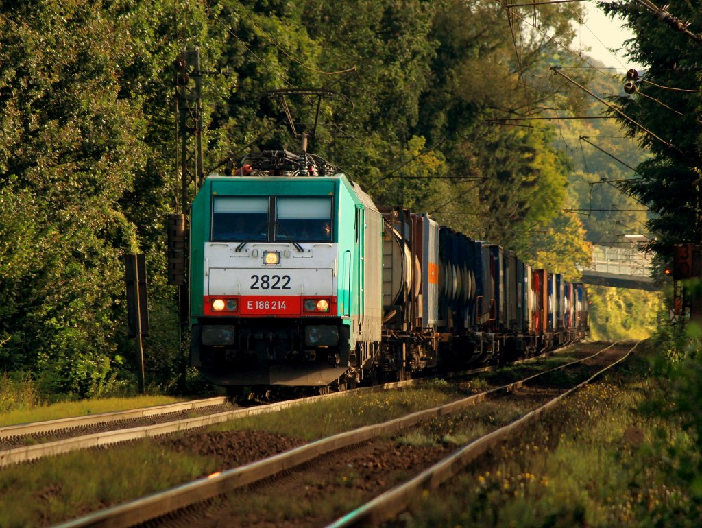 Cobra 186 214 (2822) mit einem Containerzug am Haken am 19.09.2012 auf der Rampe von Aachen West nach Belgien.