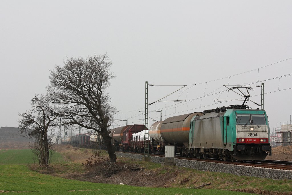Cobra 2804 (E186 196) am 17.3.12 mit einem gemischten G�terzug bei der Durchfahrt durch Neuss-Allerheiligen.