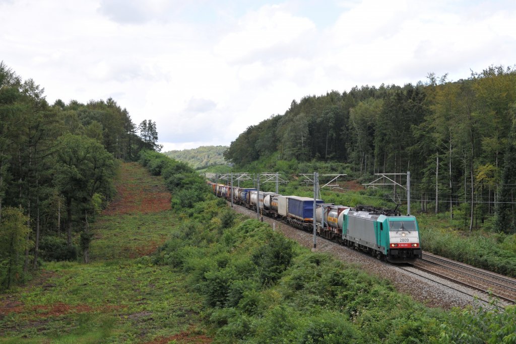 Cobra-Lok 2809 rollt mit einem gemischten Gterzug durch den Wald von Gemmenich in Richtung Montzen. Aufgenommen am 09/08/2011.