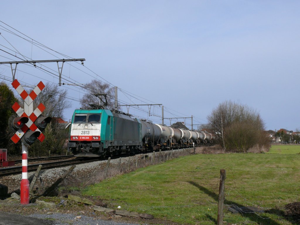 Cobra-Lok 2813 (186 205) durchfhrt mit einem Kesselwagenzug die Ortschaft Hoeselt (Belgisch-Limburg) in Richtung Aachen-West. Aufgenommen am 27/02/2010.