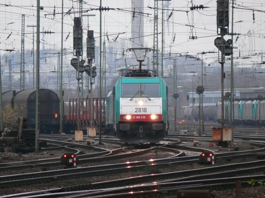 Cobra-Lok 2818 manvriert in Aachen-West. Im trben Licht spiegeln sich die Scheinwerfer der Lok auf den blanken Gleisen. Aufgenommen am 12/12/2009.