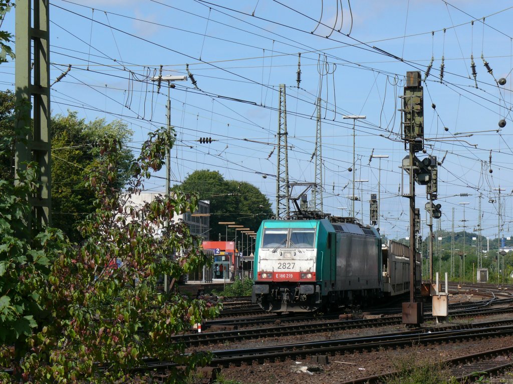 Cobra-Lok 2827 (186 219) verl�sst mit einem leeren Autotransportzug Aachen-West. Aufgenommen am 11/09/2010.