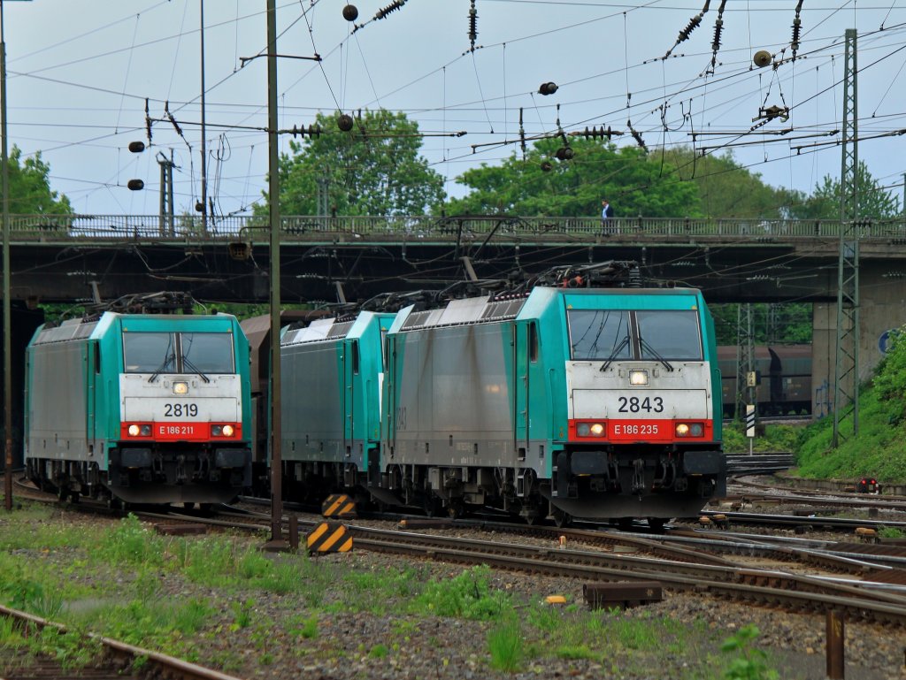 Cobratreffen am 11.05.2012 am Fu der Montzenrampe. 186 235 (2843) und 186 196 (2804) kommen mit einem langen Kohlenzug von Belgien und treffen auf die rangierende 186 211 (2819) in Aachen West.