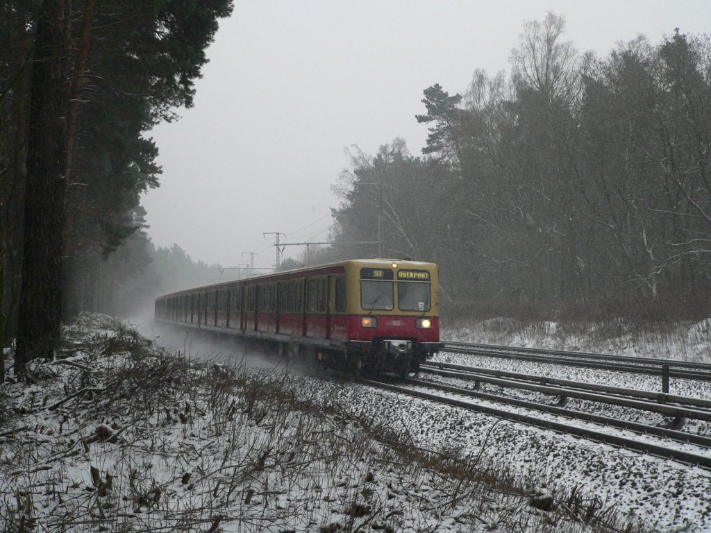  Coladose  BR 485 kurz vor der Einfahrt in Rahnsdorf. Der Spitzname Coladose rührte von der roten Farbgebung her, die mittlerweile vollständig durch traditionelle S-Bahn-Farben ersetzt wurde. 23.12.2012, Berlin 