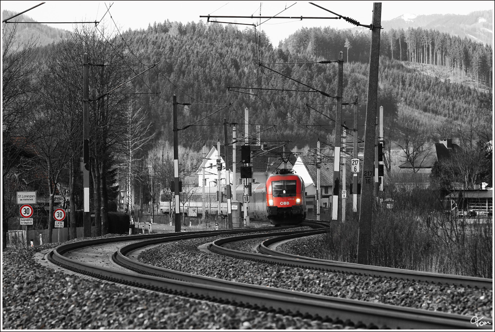 Colorkey der 1116 132, welche mit EC 102  Polonia  von Villach nach Warschau f�hrt.
St.Lorenzen 1.3.2012