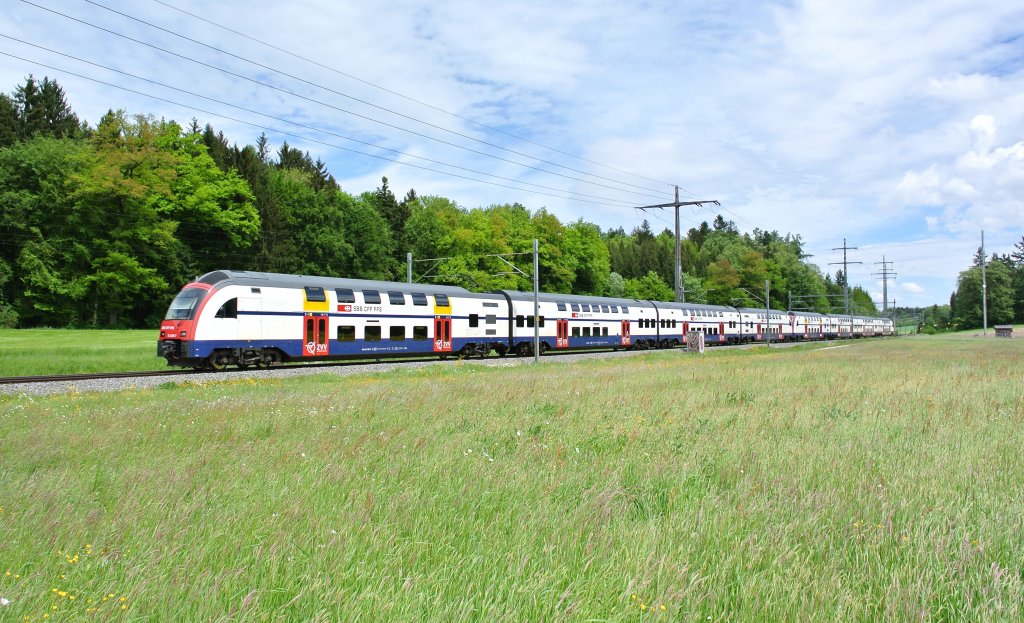 Cupfinal FC Basel-GC im Stade de Suisse Bern, GC Extrazug Nr. 5: Doppeltraktion DTZ, 058+043, bei Lyssach, 20.05.2013.
 
