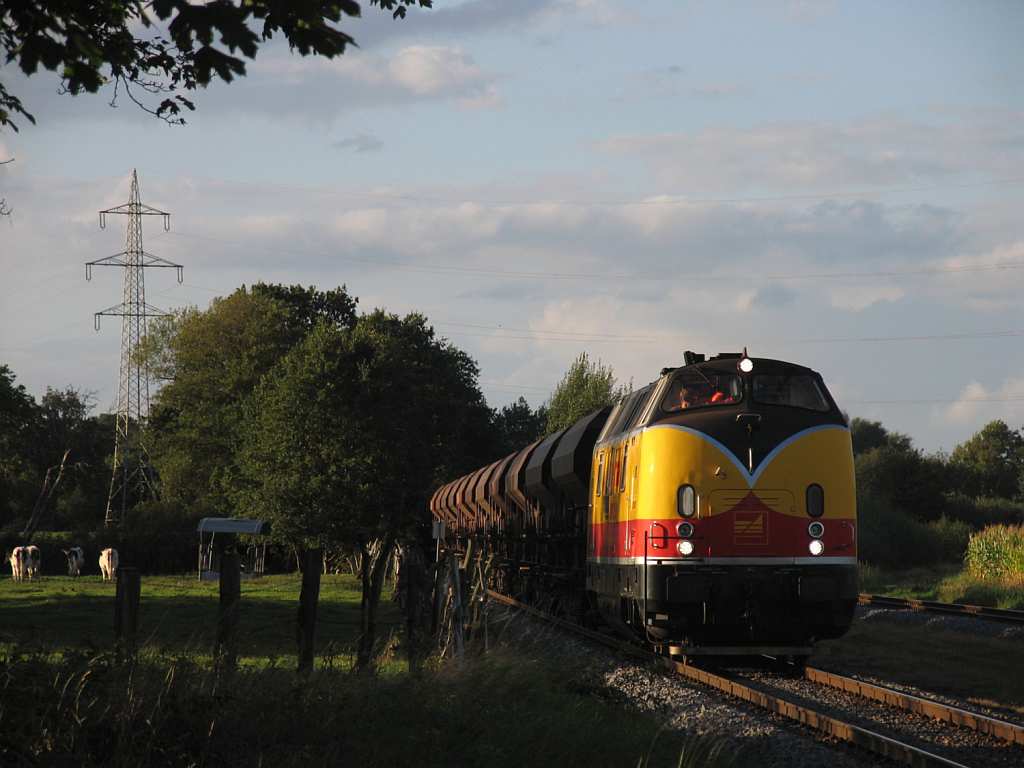 D20 (ehemalige DB 221 147-2) der Bentheimer Eisenbahn AG mit Güterzug 229 Coevorden de Heege (NL)-Bentheim Nord bei Esche am 18-9-2012.

