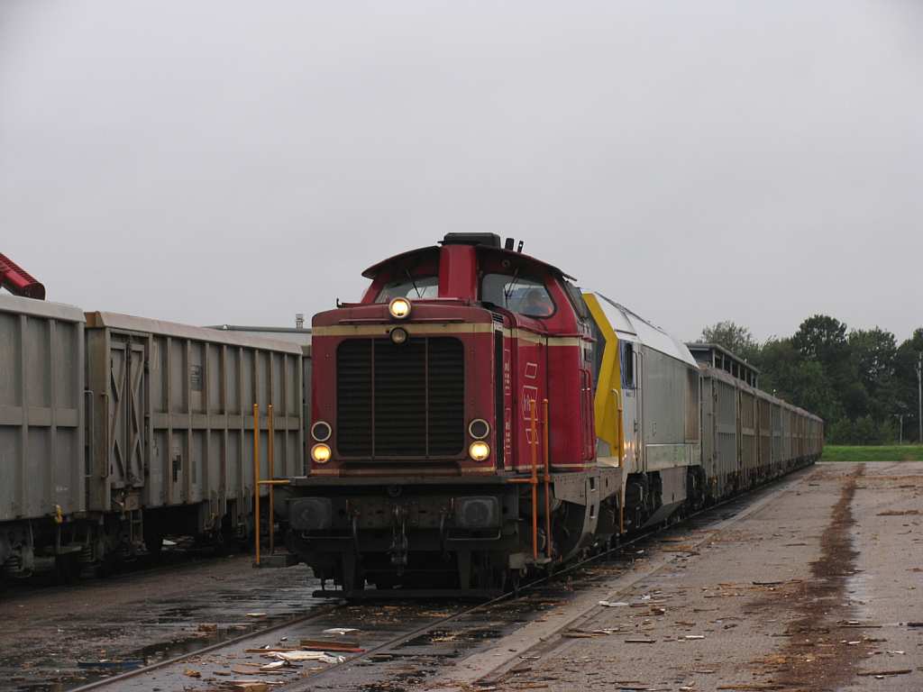 D21 (ehemalige 211 125-0) der Bentheimer Eisenbahn AG und 263 263 001-0 (Maxima 30 CC) der SGL (Schienen Gter Logistik GmbH) bei die Holzanlage in Coevorden de Heege (NL) am 18-9-2012.