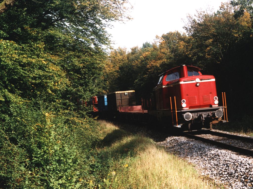 D25 (ex-DB 211 345-4) der Bentheimer Eisenbahn AG mit  Gterzug 215 Coevorden De Heege-Bentheim Nord bei Bad Bentheim am 29-9-2001. Bild und scan: Date Jan de Vries.