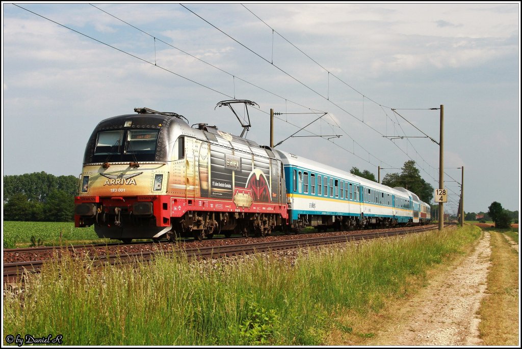 Da diverse Gerchte sich um die baldige Entklebung der ALX-Werbelok ranken, musste ich ihn nochmals auf Chip bannen. Hier zu sehen mit dem ALX Mnchen - Regensburg - Hof kurz nach den Bf Kfering. (26.05.2011, nchst Obertraubling)