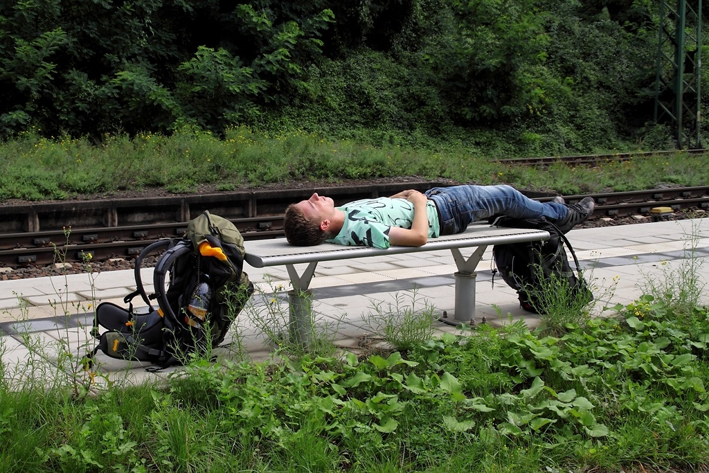 Da wegen der Streckensperrung an unserer Fotostelle keine Zge mehr vorbeikamen, nutzte Kevin die Zeit fr ein kleines Nickerchen. (Kaub am 27.8.2010)