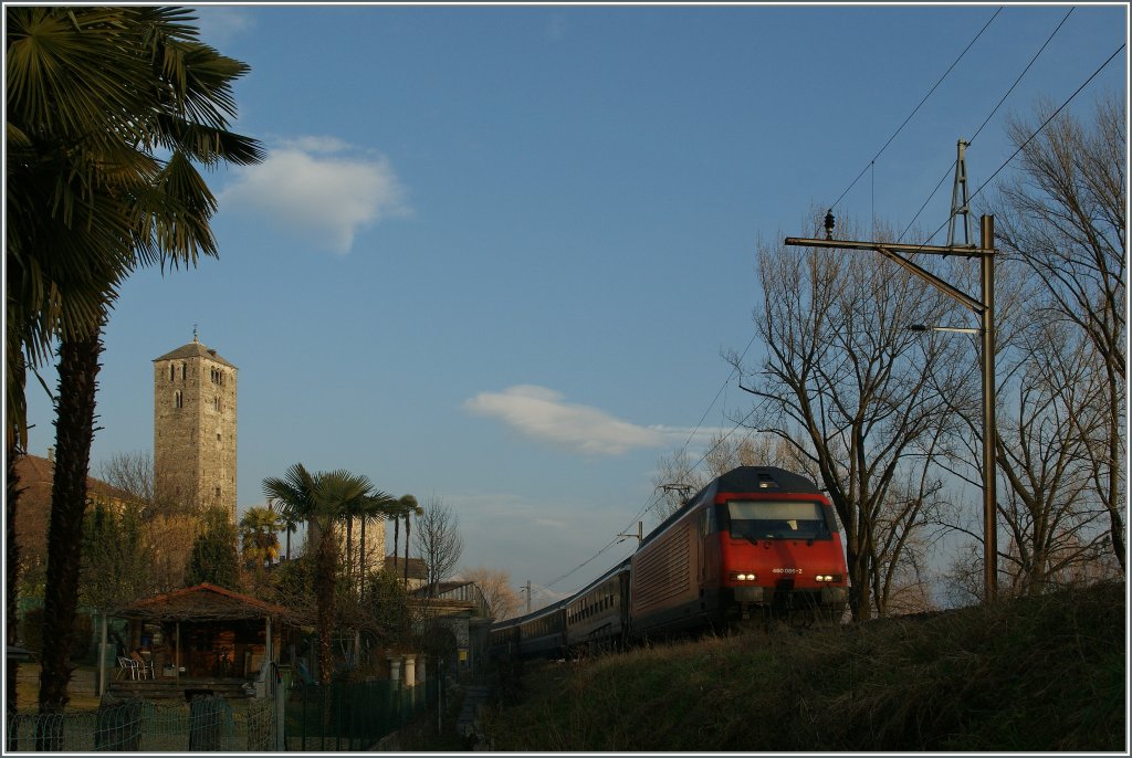 Damit bei den vielen prchtigen Schneebildern nicht der Eindruck entsteht, die GANZE Schweiz sei eingeschneit: Re 460 086-2 mit dem IR 2173 Basel - Locarno unter Palmen, kurz vor seinem Ziel. 
23. Januar 2012