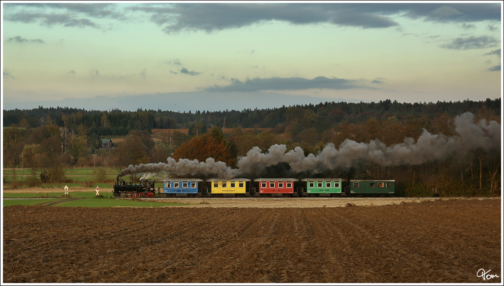 Dampflok 298.56 zieht den letzten planmsigen  Flascherlzug  von Stainz nach Preding und wieder retour. 
Kraubath 31.10.2012