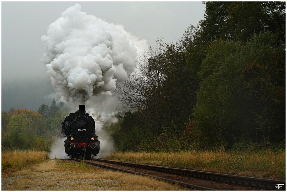 Dampflok 657.2770 fhrt mit GmP 91156 (Fotozug) von Ried im Innkreis nach Attnang-Puchheim.  
21.10.2009 
