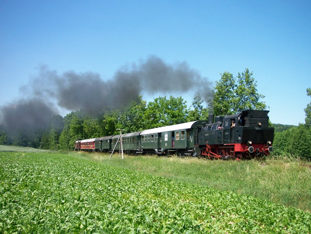 Dampflok Emil Mayrischn Nr.3 zieht den Zug der Landeseisenbahn Lippe, am 27. Juni 2010 auf der Begatalbahn bei Farmbeck in Richtung Bega.