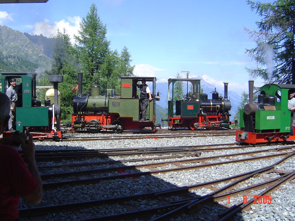 Dampflok Jung Nr. 1693 (1911), Spur 60cm,  Liseli . Einsatz auf der Panoramabahn  Parc d'Attractions du Chatelard (VS) . Ein Bild vom  1. Int. Hochgebirgs-Feldbahn-Dampfloktreffen  im Bahnhof von Les Montuires mit  Liseli  und 3 Gast-Dampfloks (2 x Deutschland, 1 x Spanien). Es machte allen mchtig Spass! Wer weiss, vielleicht kann auf dieser Bahn wieder einmal ein solches Spektakel realisiert werden...? 01.08.2005