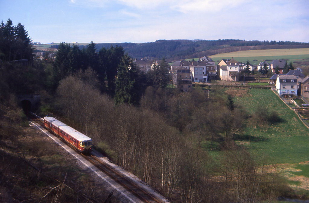 Dank eines abgeholzten Berghangs hatte man 1989 einen guten Blick auf die unterhalb der Strae verlaufende Strecke nach Wiltz. Tw 206 hat als Zug 1629 das Ziel Wiltz fast erreicht, 09.04.1989.