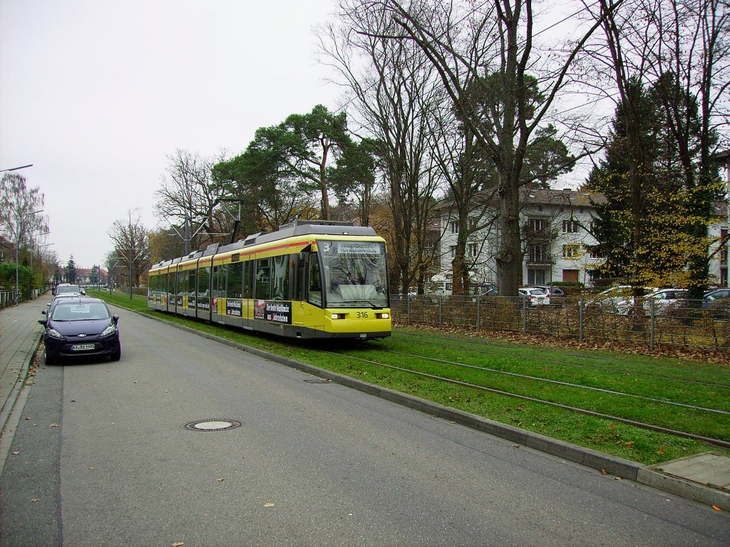 Dank Studieninformationstag konnte die Welt in einigermaen hellem Licht betrachtet werden. So wurde die Chance fr einige Fotos genutzt. Direkt nach Verlassen der Hochschule kam mir auch schon Tw 316 als Linie 3 auf Hhe der Erzbergstrae vor die Linse gefahren. 21.11.2012