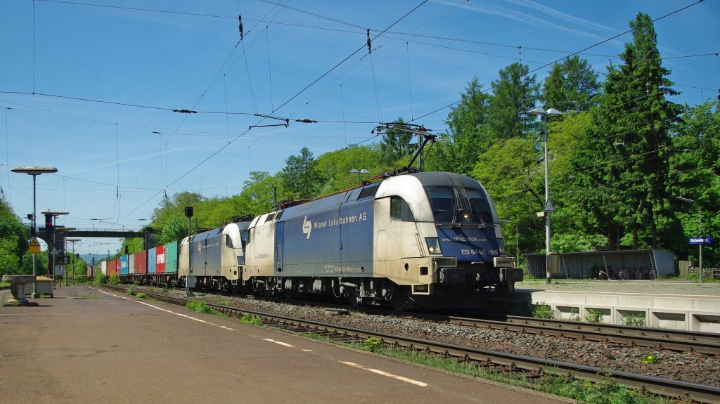 Das doppelte WLB Lottchen ES 64 U2-019 und ES 64 U2-020 mit Containerzug in Fahrtrichtung Norden durch Eichenberg. Aufgenommen am 03.06.2010.