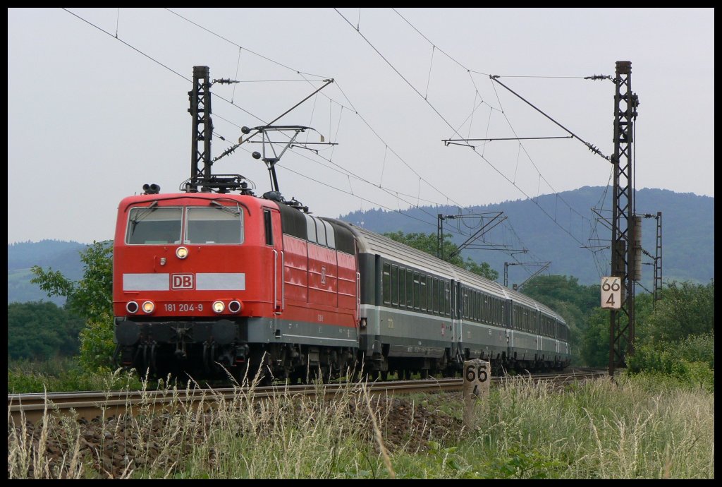 Das letzte Foto der EC nach Paris, schoss ich am 31.5.2007. 181 204 zieht ihren EC 54 bei L�tzelsachsen Richtung Mannheim. Die letzte Woche der EC war ich  leider  in Urlaub.