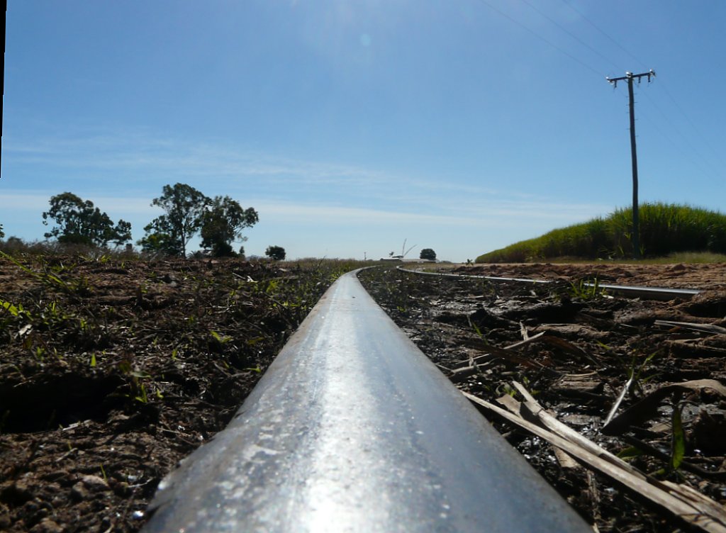 Das Schmalspurgleis einer Zuckerrohrbahn am 16.7.2009 in der Nhe von Tully. Das Bild wurde an einem Feldwegbahnbergang gemacht.