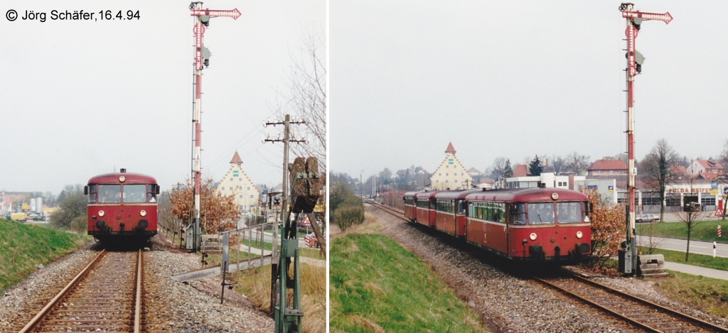 Das sdliche Dinkelbhler Einfahrsignal hatte auch am 16.4.94 noch einen eckigen Flgel bayerischer Bauart. Grund genug fr die Nrnberger Eisenbahnfreunde, bei ihrer Sonderfahrt hier einen Fotohalt einzulegen.