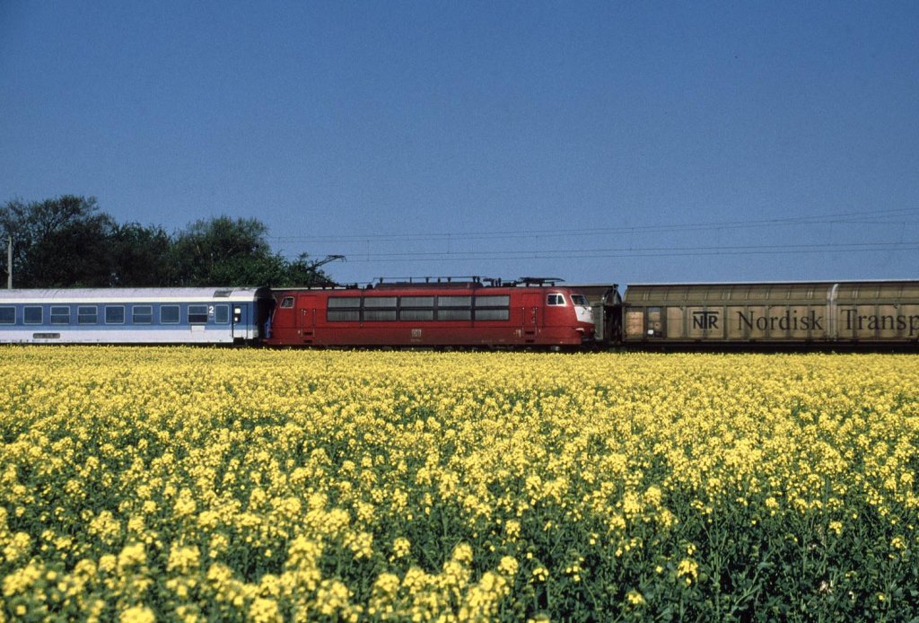 DB 103 154 hat soeben den dnischen Grenzbahnhof Padborg verlassen und befindet sich jetzt mit ihrem Interregio in Hhe des Grenzkruges  Zur Krone  auf deutschem Gebiet. Aufnahme vom Mai 2001