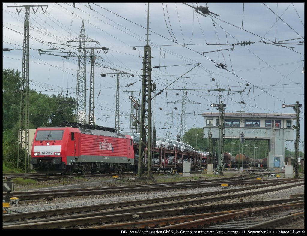 DB 189 088 verlsst den Gbf Kln-Gremberg mit einem Autogterzug (11.09.2011)