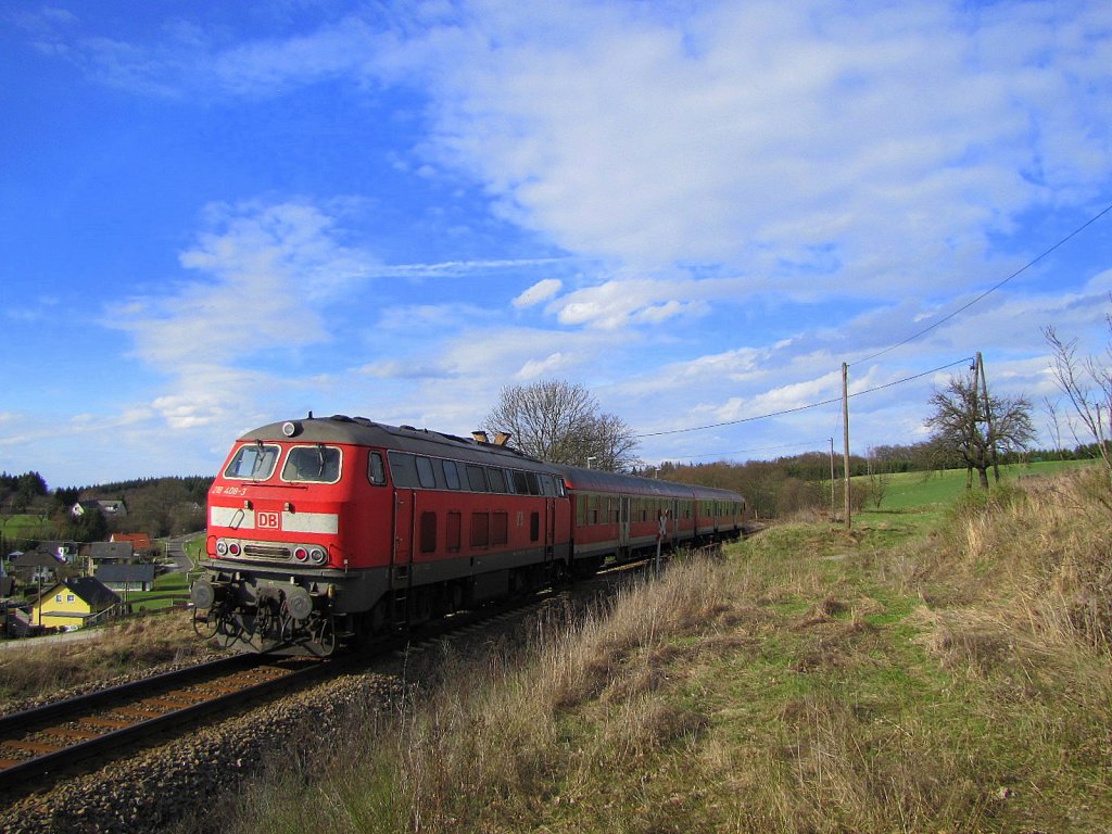DB 218 408-3 mit der RB 12639 von Emmelshausen nach Boppard Hbf, am Hp Ehr; 02.04.2010