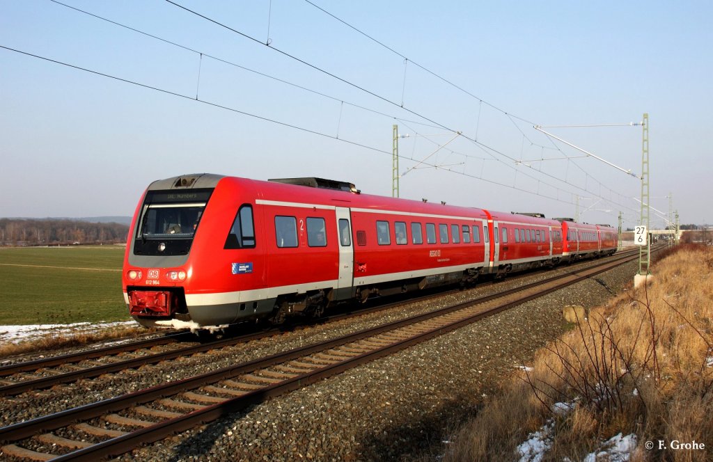 DB 612 964 + 487 als IRE nach Nrnberg, KBS 820 Nrnberg - Sonneberg, fotografiert bei Schnbrunn am 31.01.2012 --> Kann nach meiner Meinung nur ein Umleiter gewesen sein, da laut Fahrplan auf dieser Strecke kein IRE unterwegs sein sollte --> Wei jemand genauer Bescheid?