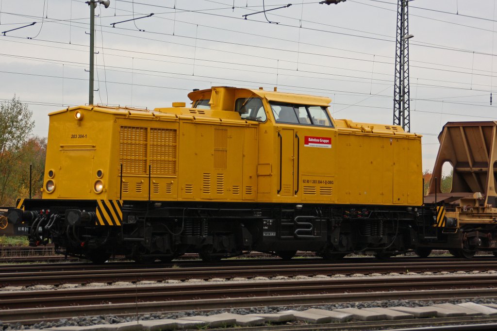 DBG bzw Bahnbaugruppe 203 304 ist am 30.10.10 in Duisburg-Entenfang mit Gleisarbeiten beschftigt